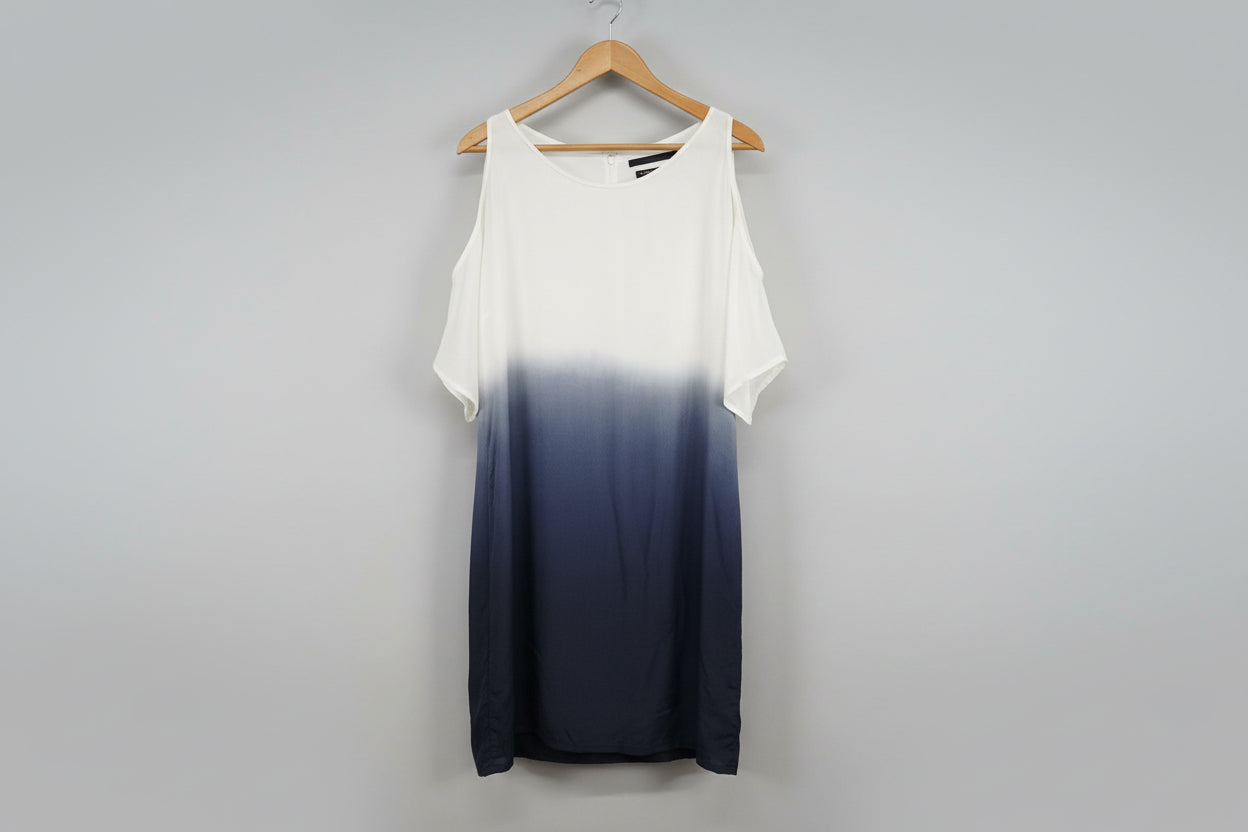 SET Blue & White Ombre Silk Smock Tunic (M) UK 10 12 EU 38 40 Cut-Out Shoulder