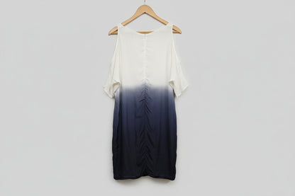 SET Blue & White Ombre Silk Smock Tunic (M) UK 10 12 EU 38 40 Cut-Out Shoulder