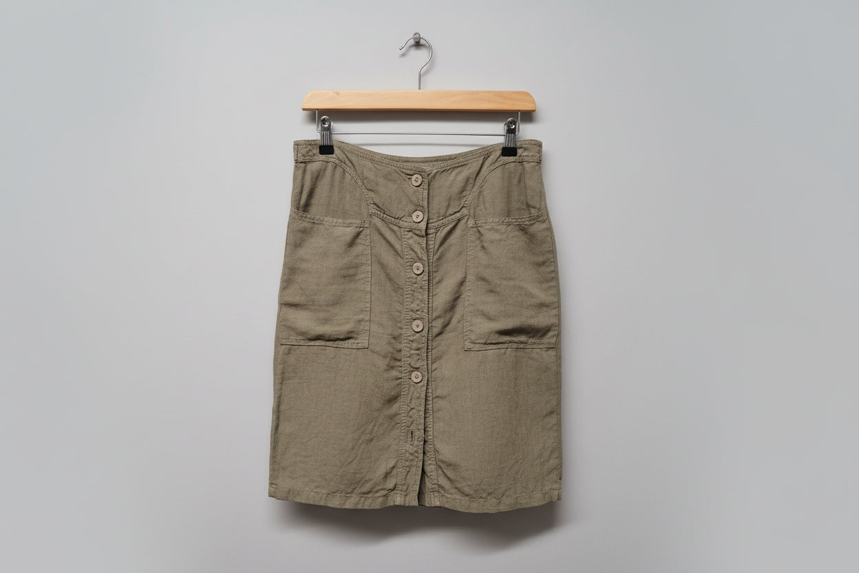 Armani Khaki Green Linen Skirt UK 10 EU 38 Buttoned Pockets Knee-Length