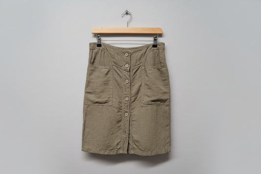 Armani Khaki Green Linen Skirt UK 10 EU 38 Buttoned Pockets Knee-Length