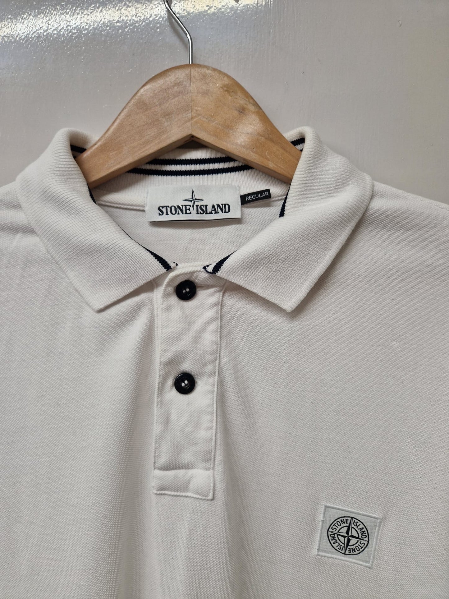 Stone Island White Long-Sleeve Top (XL) Cotton Collared Regular