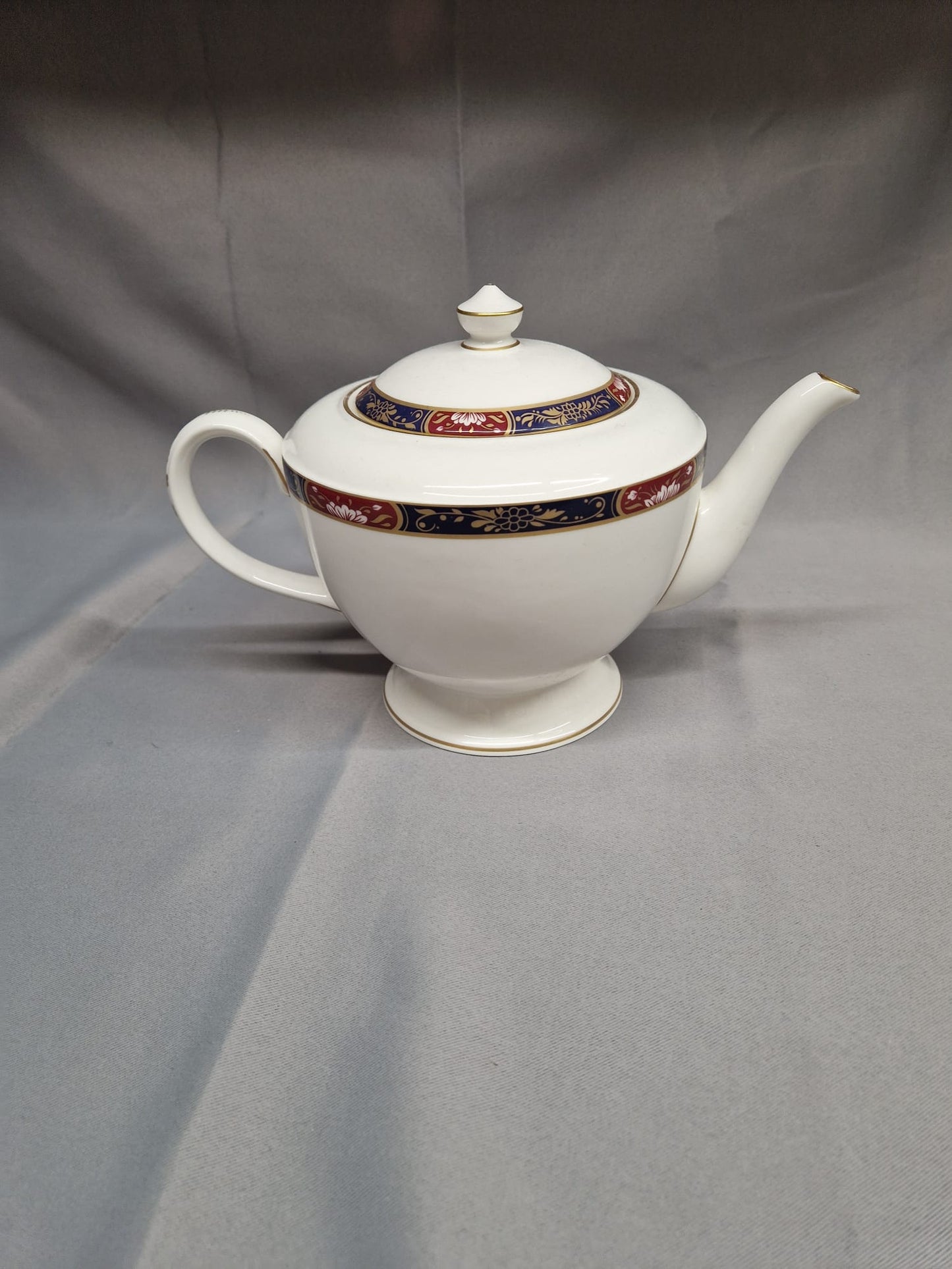 Royal Worcester White TeaPot - Prince Regent Blue & Red Printed Ceramic