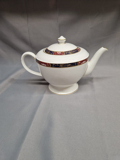 Royal Worcester White TeaPot - Prince Regent Blue & Red Printed Ceramic