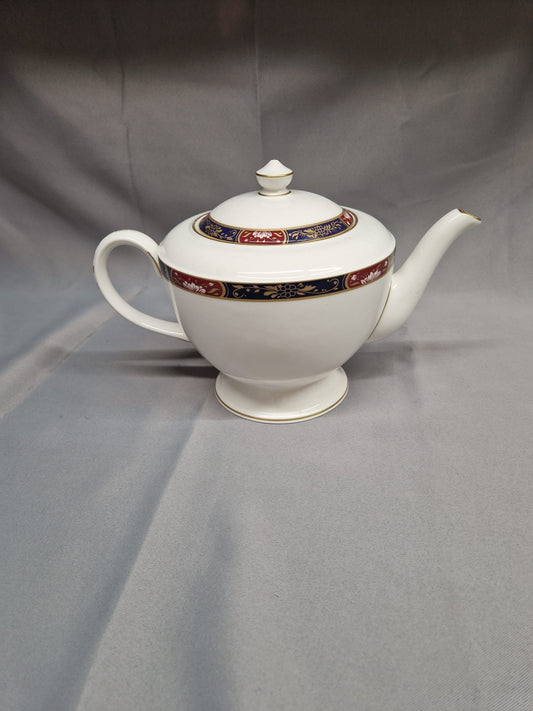 Royal Worcester White TeaPot - Prince Regent Blue & Red Printed Ceramic