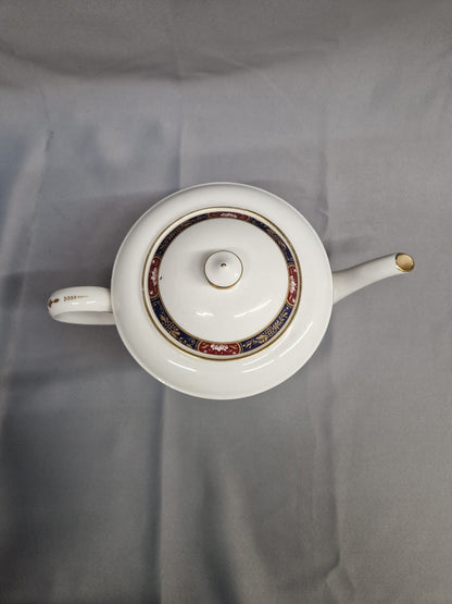 Royal Worcester White TeaPot - Prince Regent Blue & Red Printed Ceramic