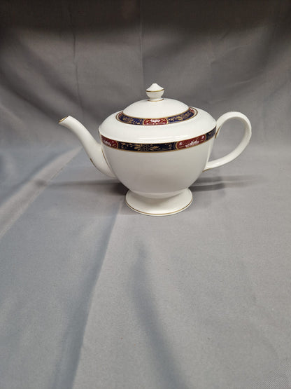Royal Worcester White TeaPot - Prince Regent Blue & Red Printed Ceramic