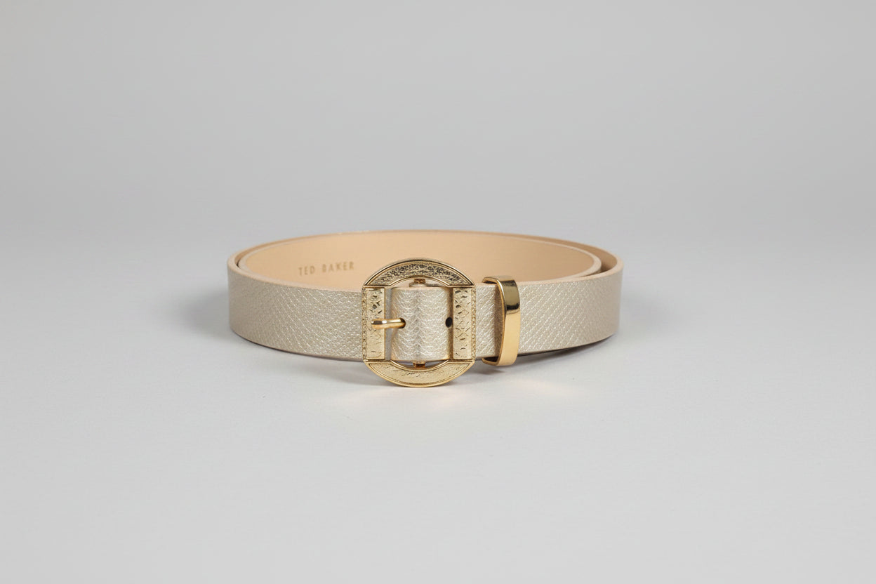 Ted Baker Pink & Gold Leather Waist-Belt - Snakeskin Print - Buckle - Good Used Condition