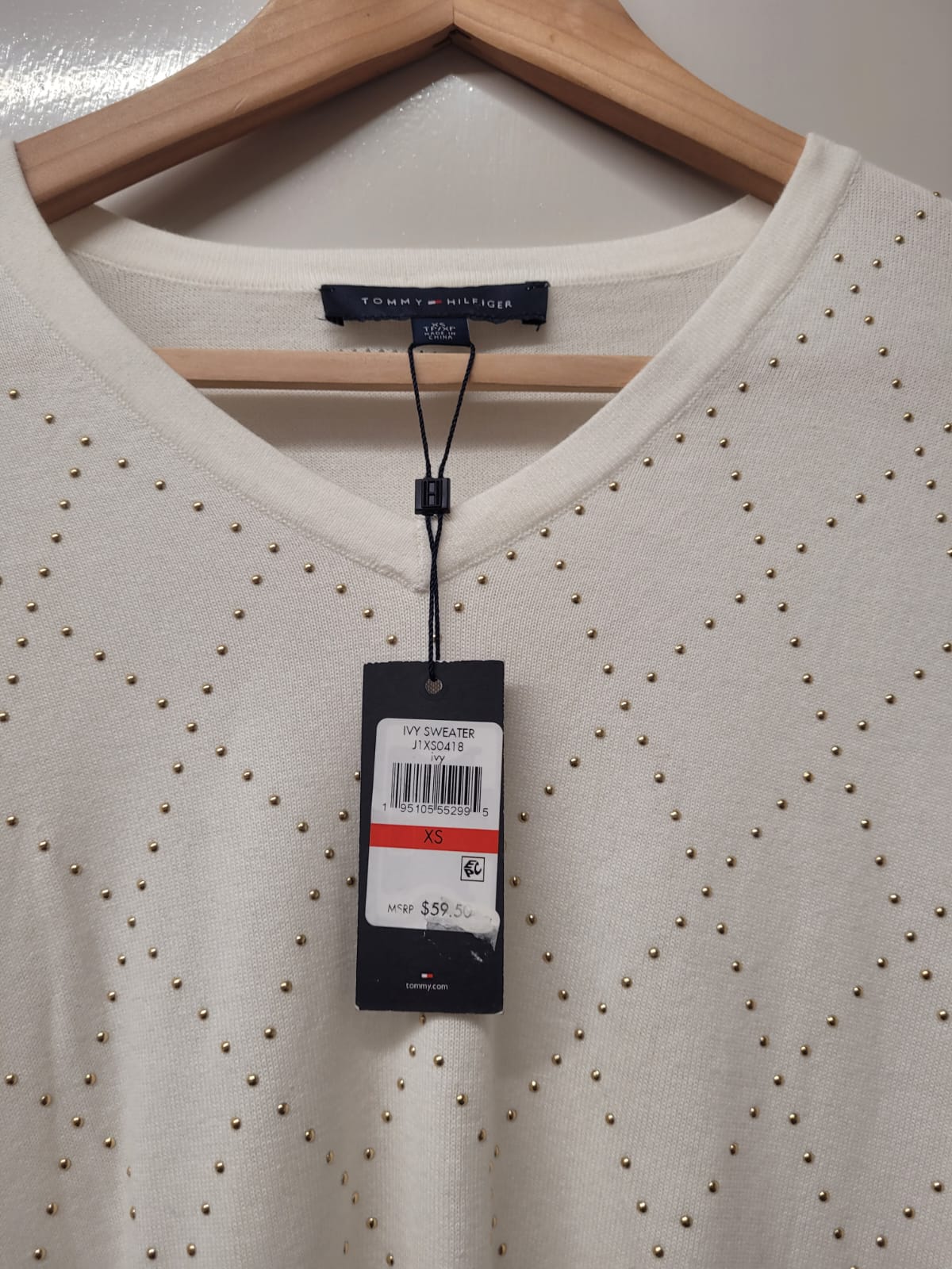 BNWT Tommy Hilfiger White Cotton Jumper (XS) UK 6 8 EU 34 36 Diamante Studded