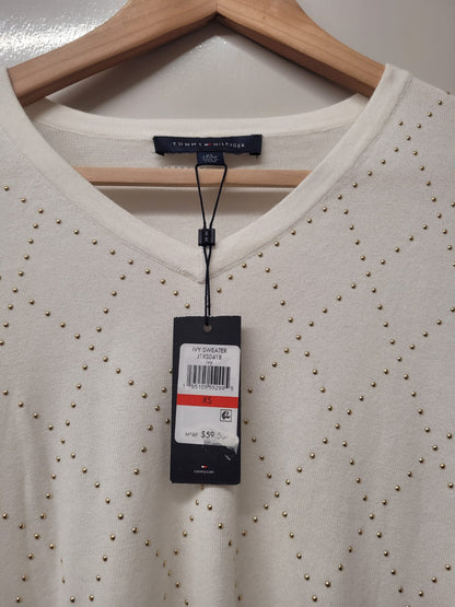 BNWT Tommy Hilfiger White Cotton Jumper (XS) UK 6 8 EU 34 36 Diamante Studded