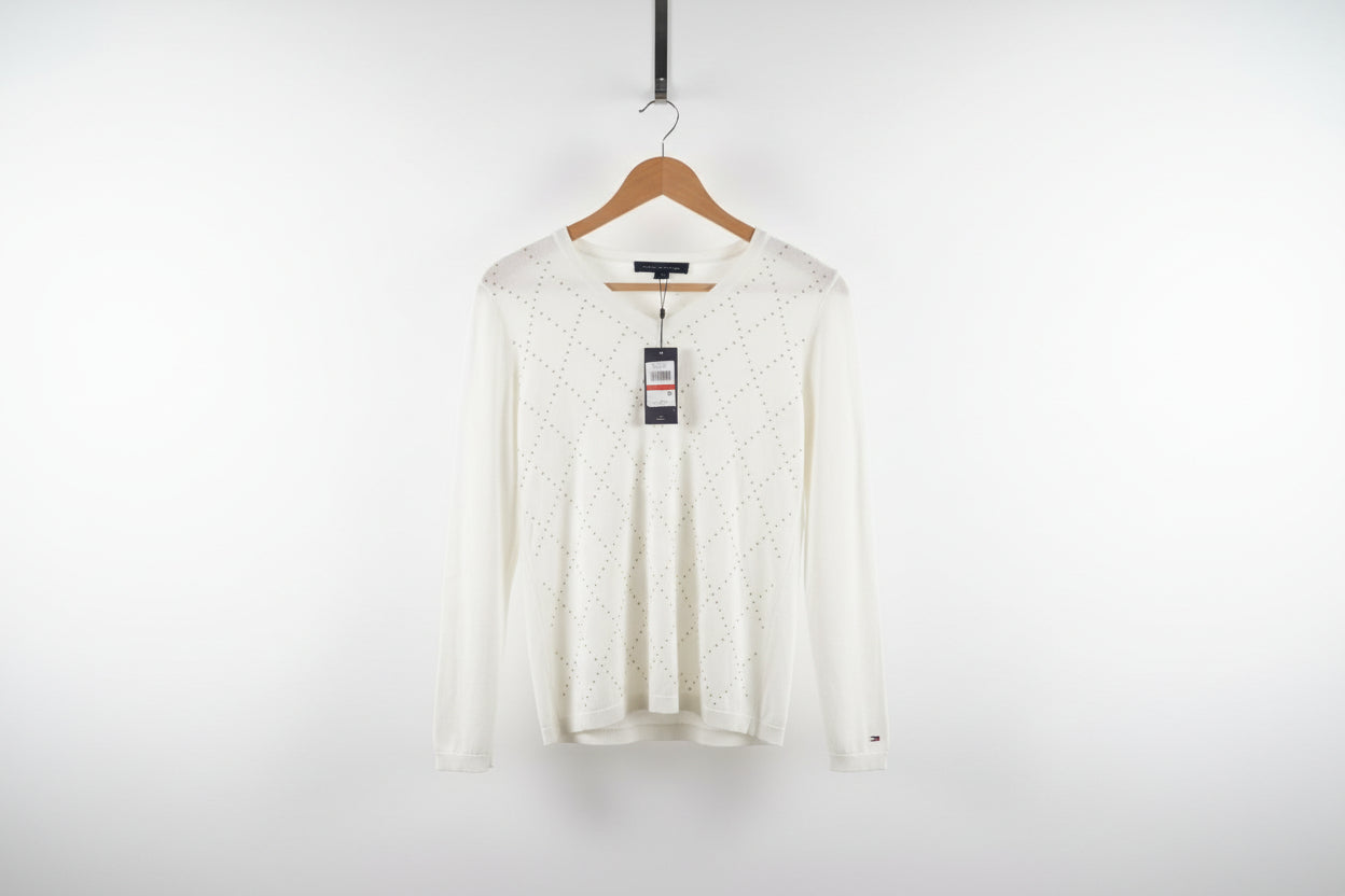 BNWT Tommy Hilfiger White Cotton Jumper (XS) UK 6 8 EU 34 36 Diamante Studded