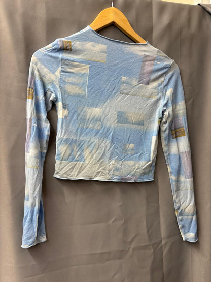 Paloma Wool (S) Blue Abstract Cropped Top UK 8 10 Long Sleeves