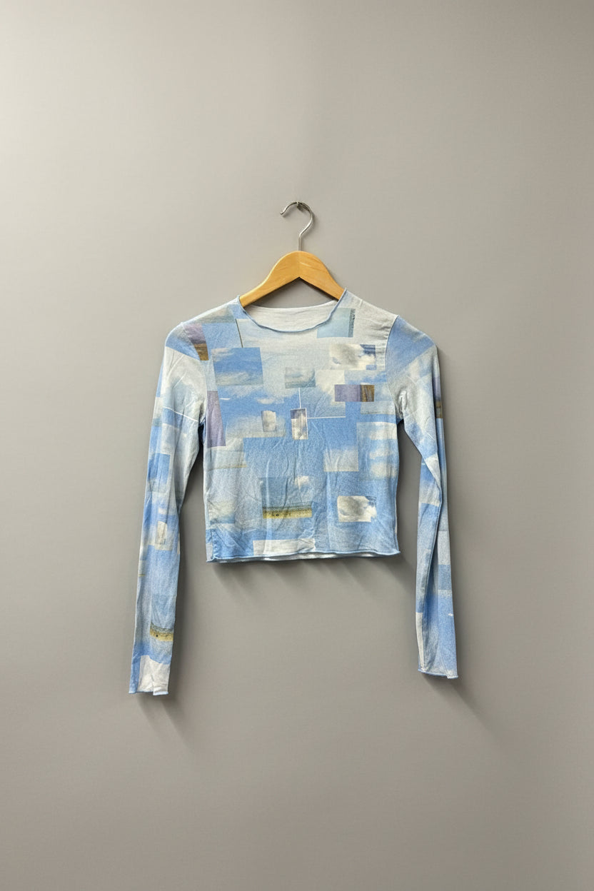 Paloma Wool (S) Blue Abstract Cropped Top UK 8 10 Long Sleeves