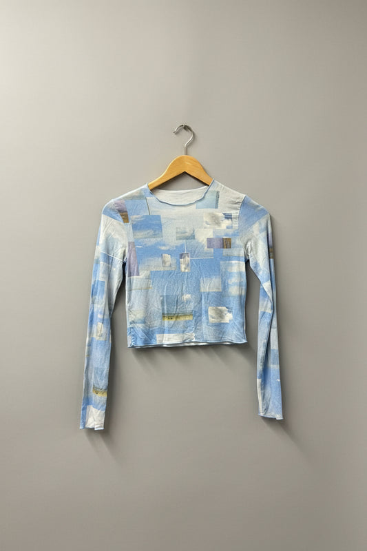 Paloma Wool (S) Blue Abstract Cropped Top UK 8 10 Long Sleeves