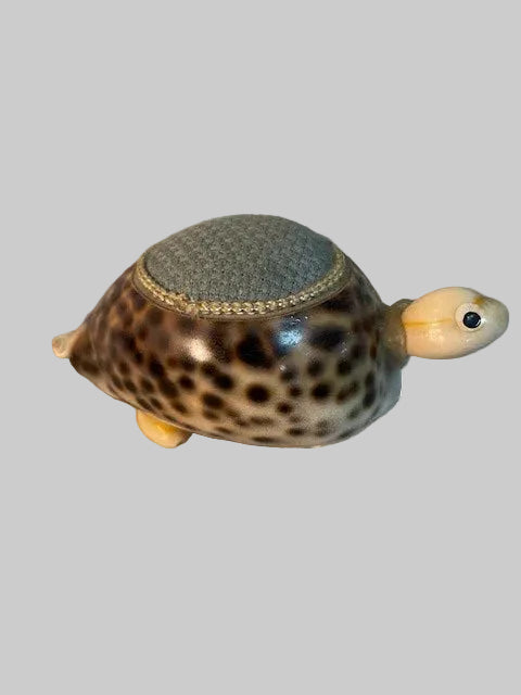 Vintage Handmade Folk Art Pin Cushion In The Style Of A Turtle - Cowrie Shell Body
