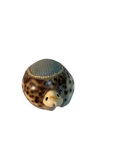 Vintage Handmade Folk Art Pin Cushion In The Style Of A Turtle - Cowrie Shell Body
