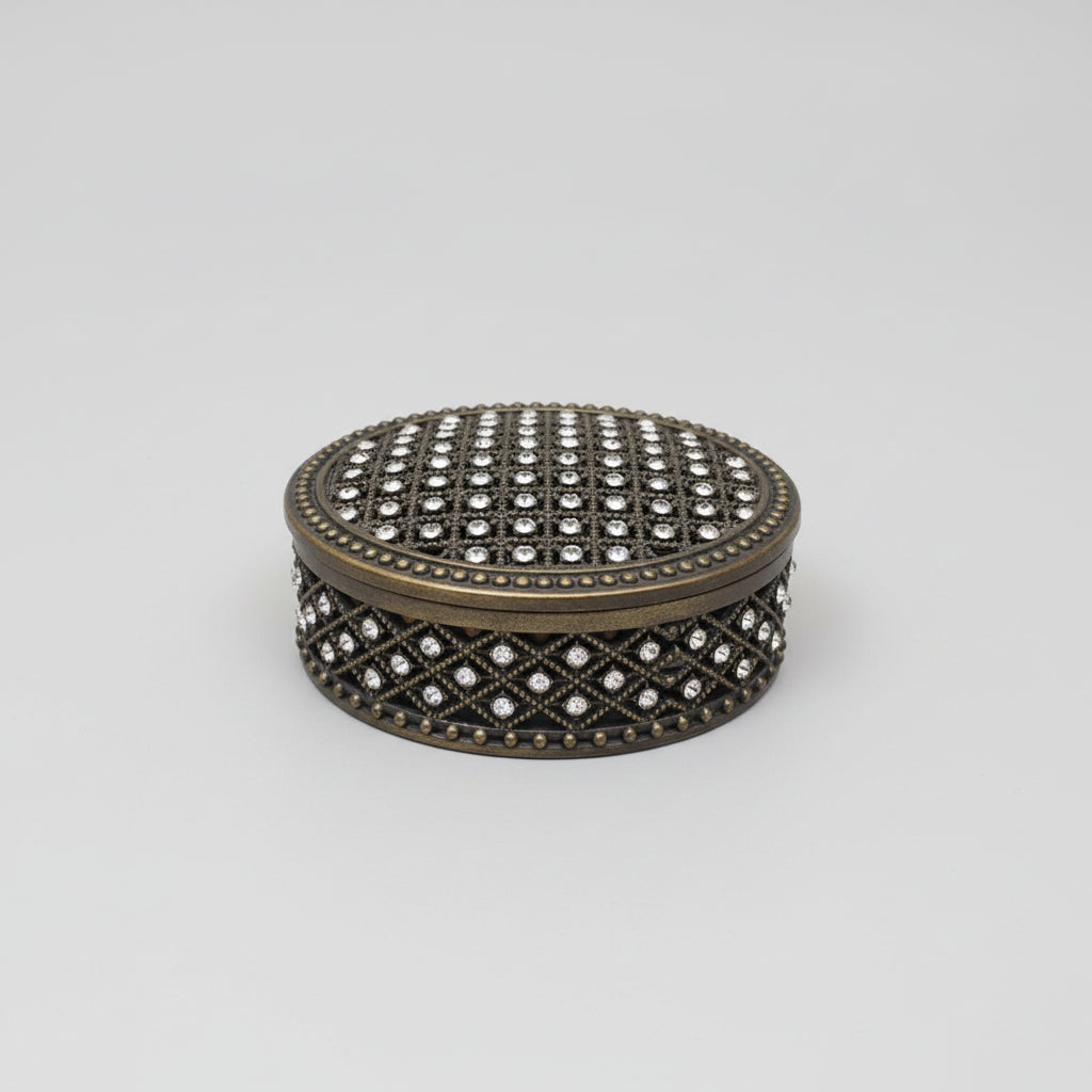 Vintage Trinket Box Metallic Filigree Style Mesh - Small Rhinestone Diamantes - Very Good Used Condition