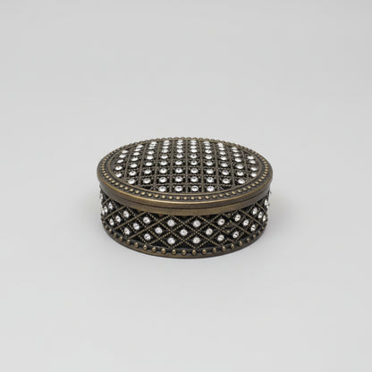 Vintage Trinket Box Metallic Filigree Style Mesh - Small Rhinestone Diamantes - Very Good Used Condition