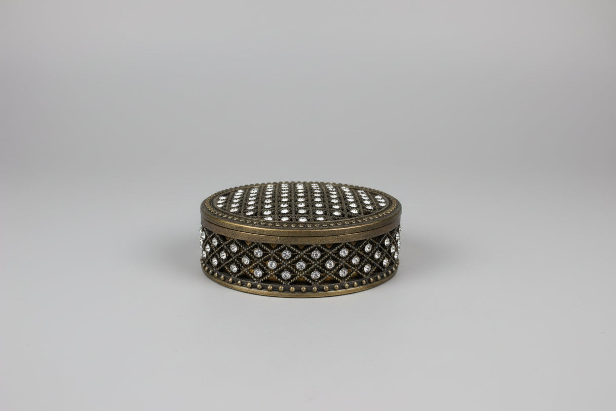 Vintage Trinket Box Metallic Filigree Style Mesh - Small Rhinestone Diamantes - Very Good Used Condition