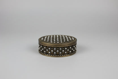Vintage Trinket Box Metallic Filigree Style Mesh - Small Rhinestone Diamantes - Very Good Used Condition