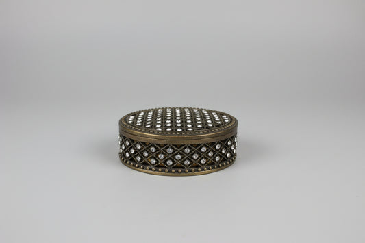 Vintage Trinket Box Metallic Filigree Style Mesh - Small Rhinestone Diamantes - Very Good Used Condition