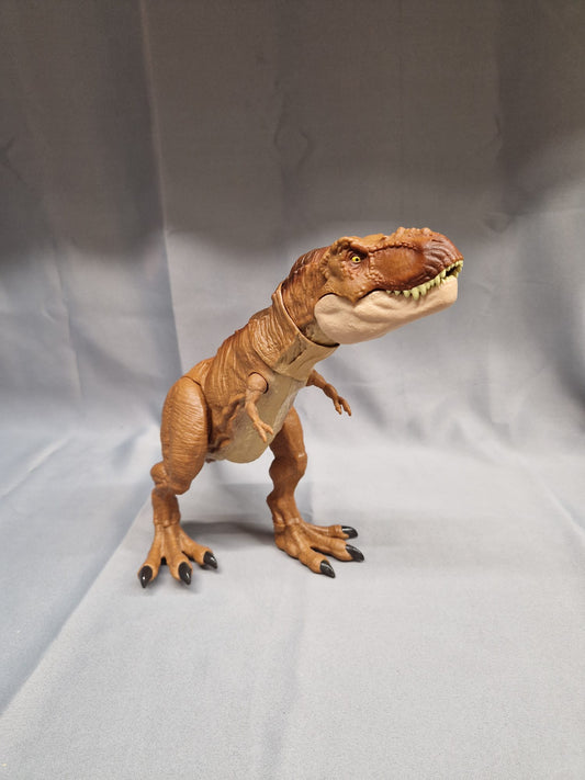 2 x Jurassic Park T-Rex Figure Jointed Moveable Toy - Brown & Green Plastic - Collectible - GOOD USED CONDITION