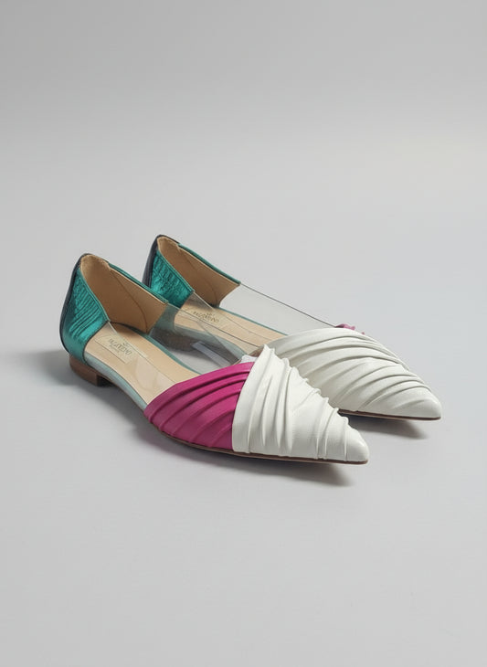 Valentino Multicolour Leather PVC Ruched Flats UK 6 EU 39 Pink White Green Pumps