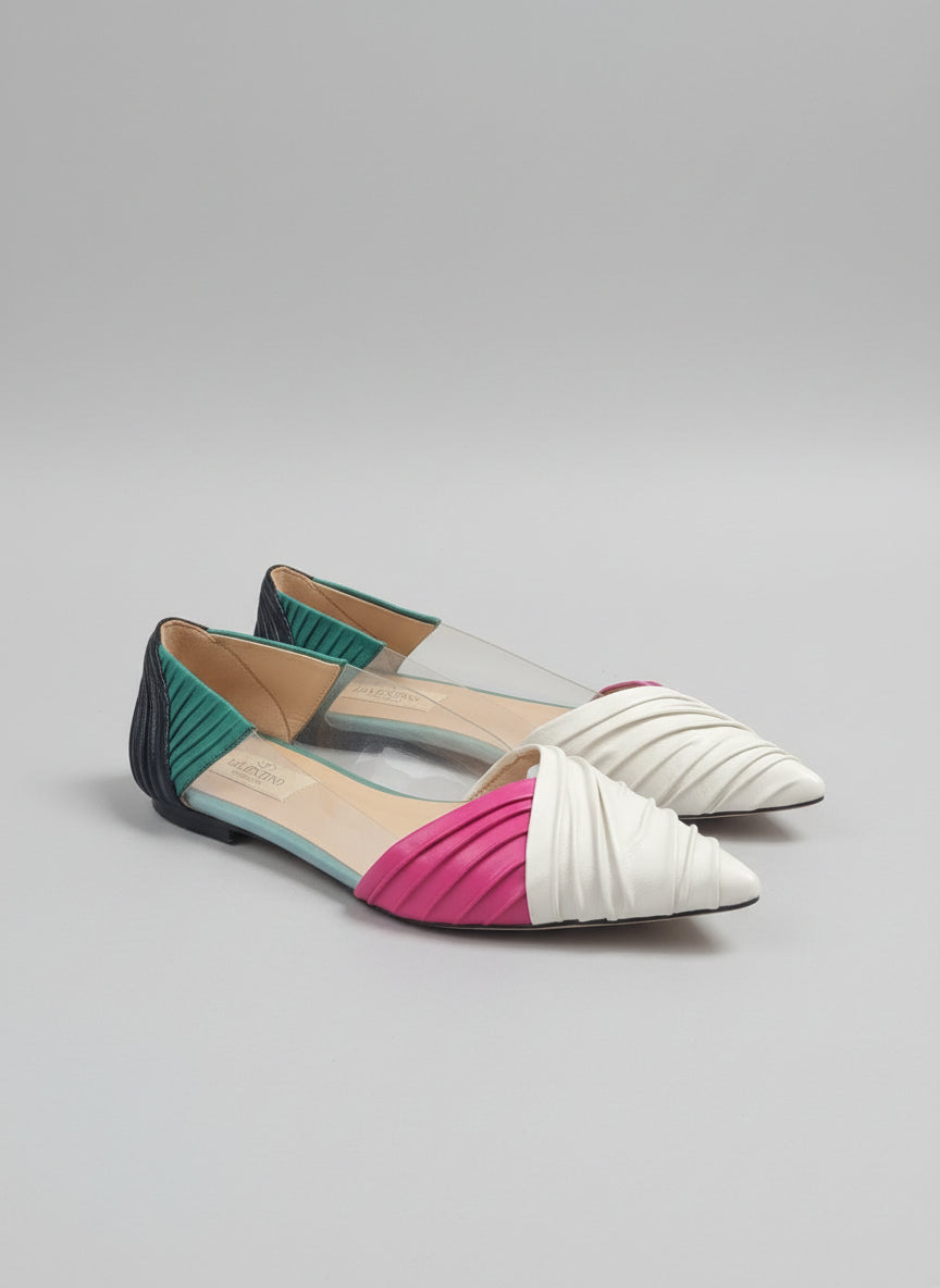 Valentino Multicolour Leather PVC Ruched Flats UK 6 EU 39 Pink White Green Pumps