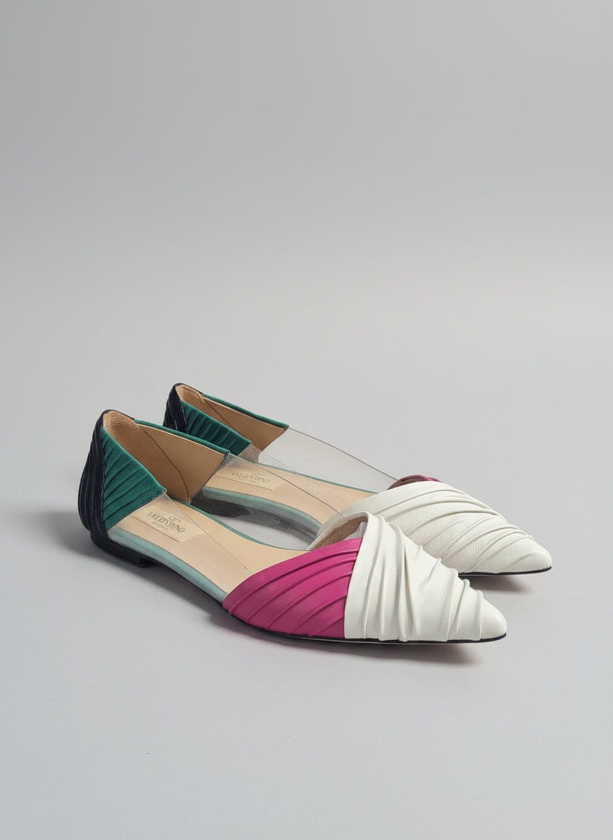 Valentino Multicolour Leather PVC Ruched Flats UK 6 EU 39 Pink White Green Pumps