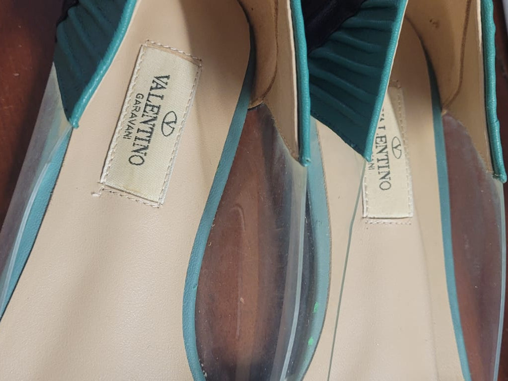 Valentino Multicolour Leather PVC Ruched Flats UK 6 EU 39 Pink White Green Pumps