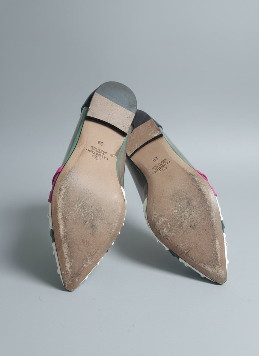 Valentino Multicolour Leather PVC Ruched Flats UK 6 EU 39 Pink White Green Pumps
