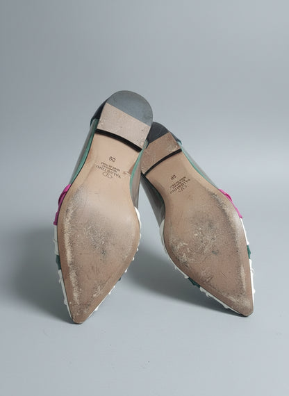 Valentino Multicolour Leather PVC Ruched Flats UK 6 EU 39 Pink White Green Pumps