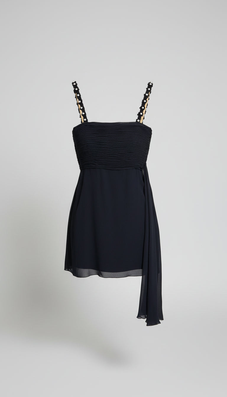 S/S 1995 Valentino Garavani Runway Navy Crepe Chiffon Pearl Ruched Mini Dress