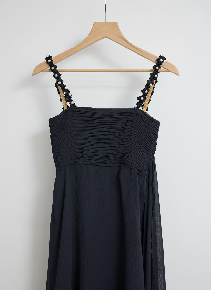 S/S 1995 Valentino Garavani Runway Navy Crepe Chiffon Pearl Ruched Mini Dress