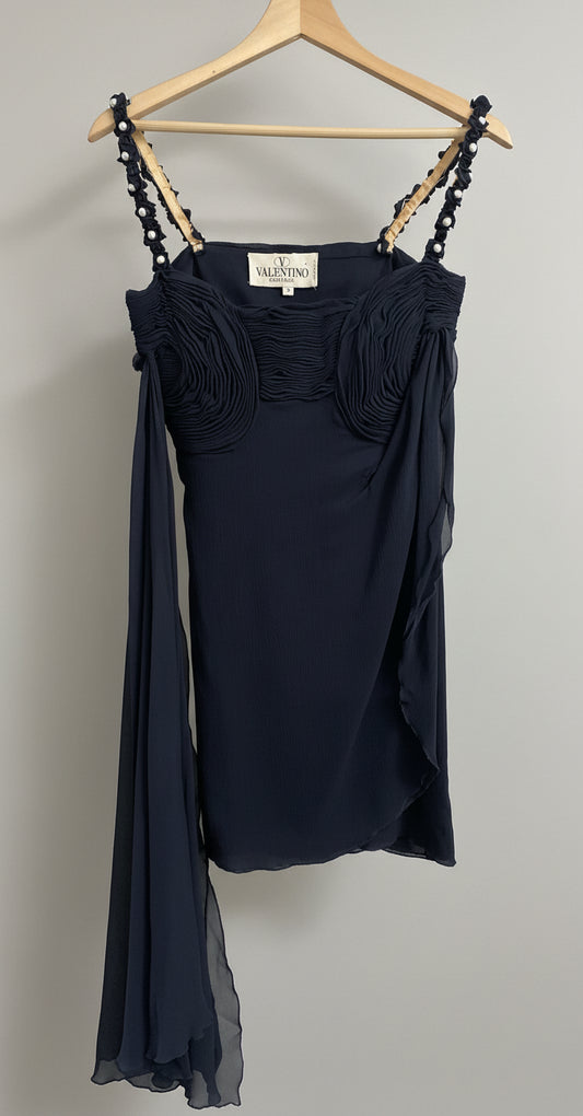 S/S 1995 Valentino Garavani Runway Navy Crepe Chiffon Pearl Ruched Mini Dress