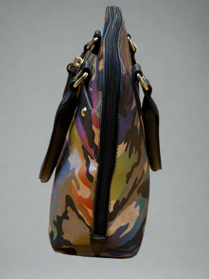 Versace Rainbow Army Metallic Print Handbag Double Handle