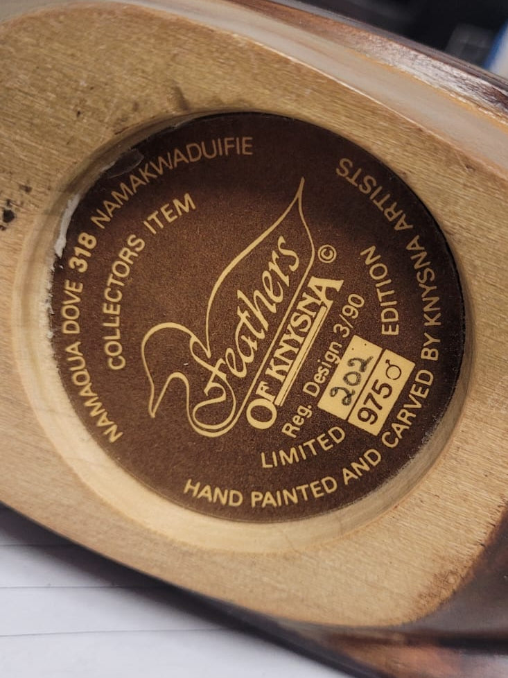 Knysna Hand Carved Wooden Bird Namaqua Dove Limited Edition 318