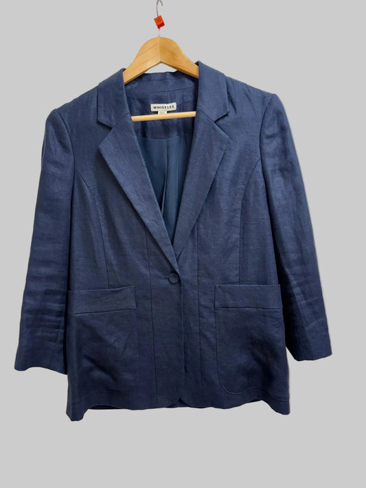 Whistles Navy Linen Women's Blazer Jacket UK 10 EU 38 Used VGC Blue Double Breasted